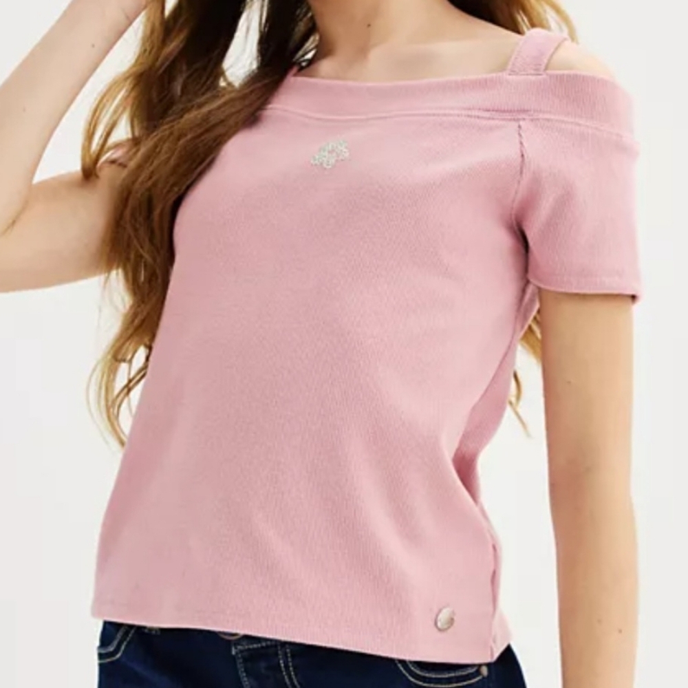 Limited Too Girl's Cold-Shoulder Rhinestone Top Summer Shirt Soft Pink Size XL